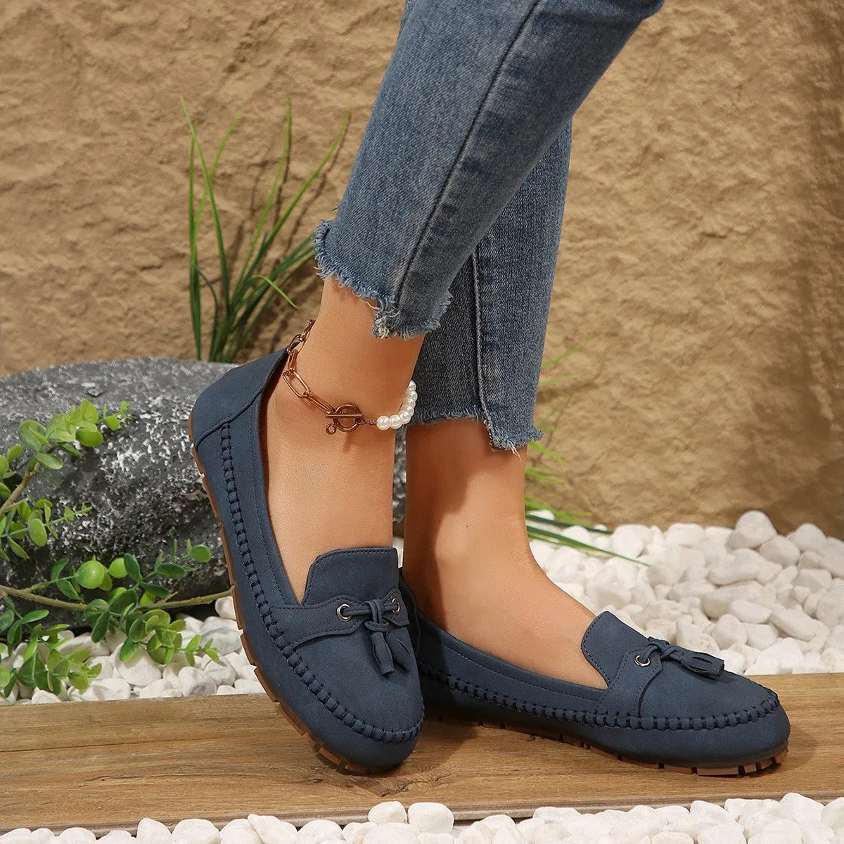 Women's round head loafers non-slip flats low heel artificial PU TPR sole available in multiple colours