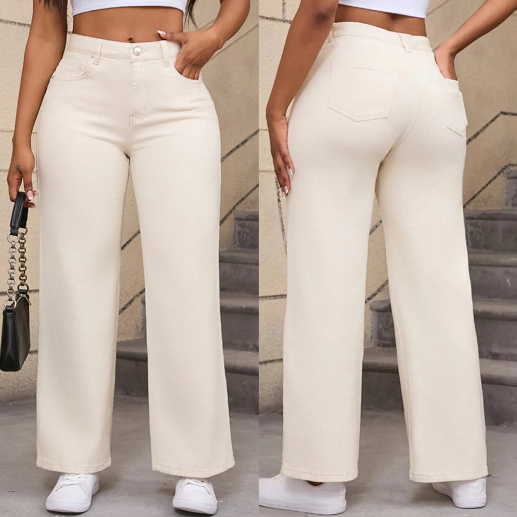 Women's high-waist straight-leg wide jeans in apricot colour, laid flat