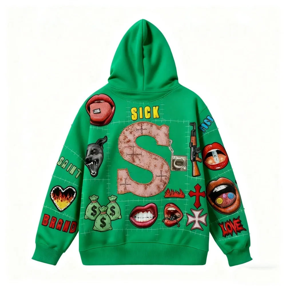 Men's printed long-sleeved hooded sweatshirt pullover in black, front view, sizes XS to 3XL
