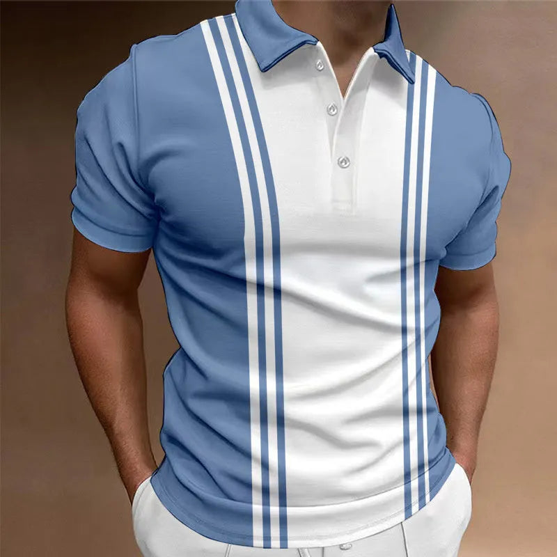 Casual men's 3 button printing lapel T-shirt in loose fit polyester, blue colour, short sleeves