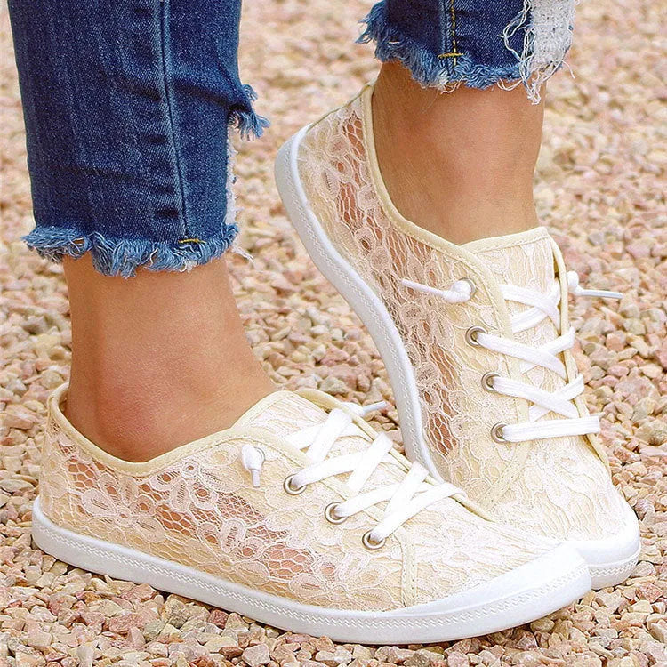 Women's breathable mesh lace flats shoes in beige with round toe and front lacing