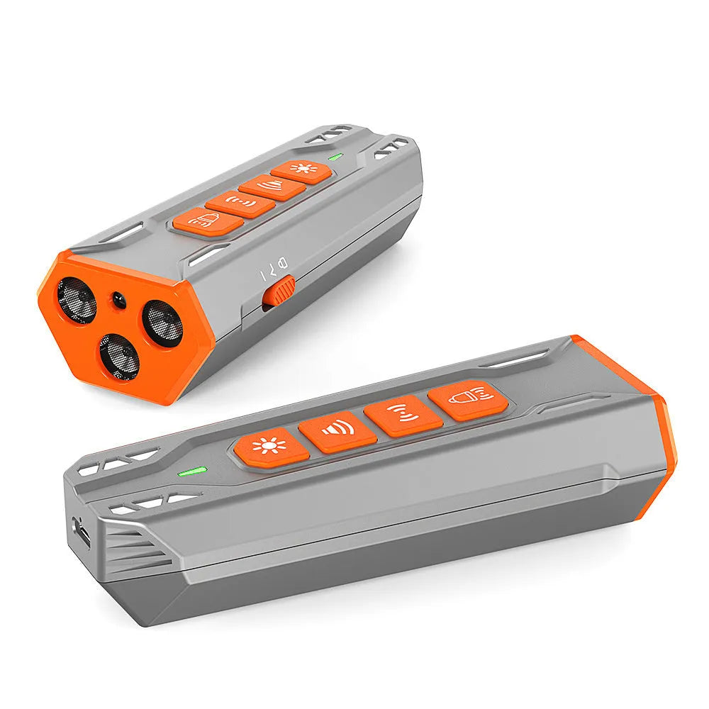 Three-head ultrasonic dog trainer in handheld ABS plastic case with adjustable controls