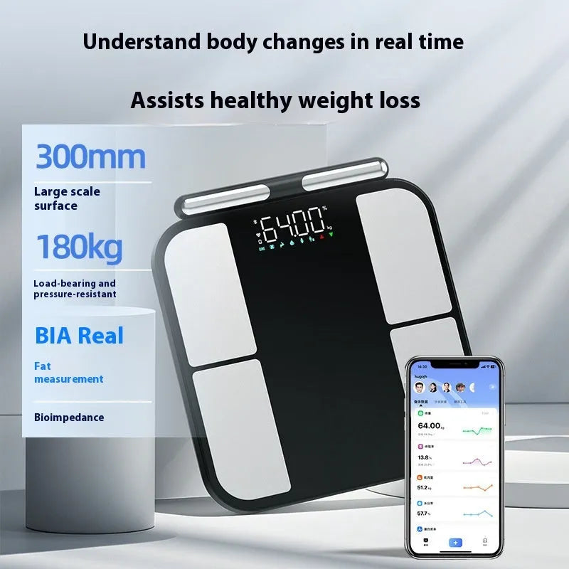Black electronic household weighing scale with tempered glass platform showing body fat percentage on colour display