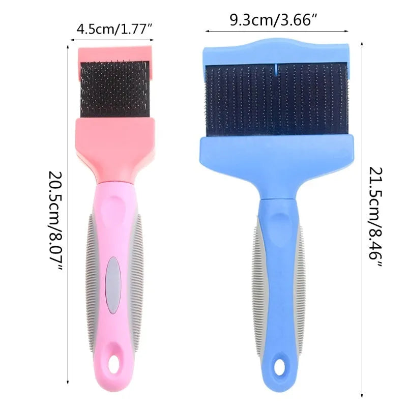 Blue double-sided pet brush with stainless steel pins and ergonomic handle on a white background