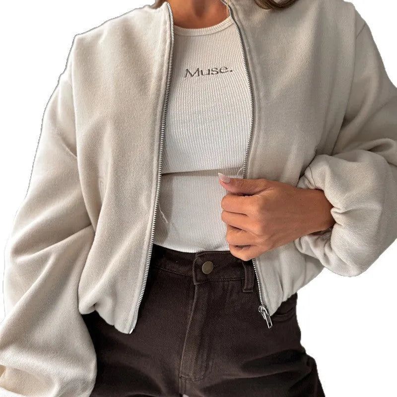 Women's off-shoulder short coat with lantern sleeves in milky white colour showing loose casual fit