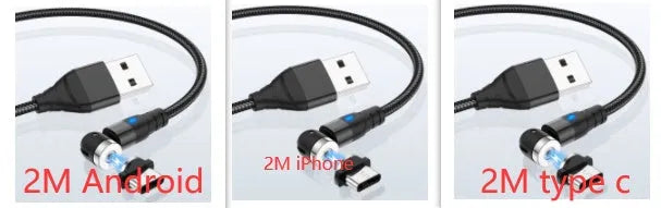 Black magnetic charging cable with LED diamond lamp, showing Android and Type-C magnetic connectors.