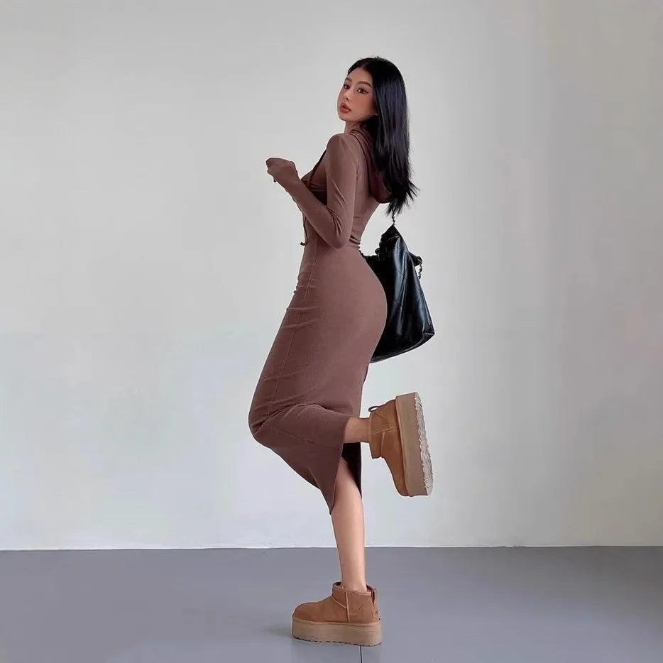 Women's hooded long sleeve sheath dress in polyester fabric with over-the-knee length