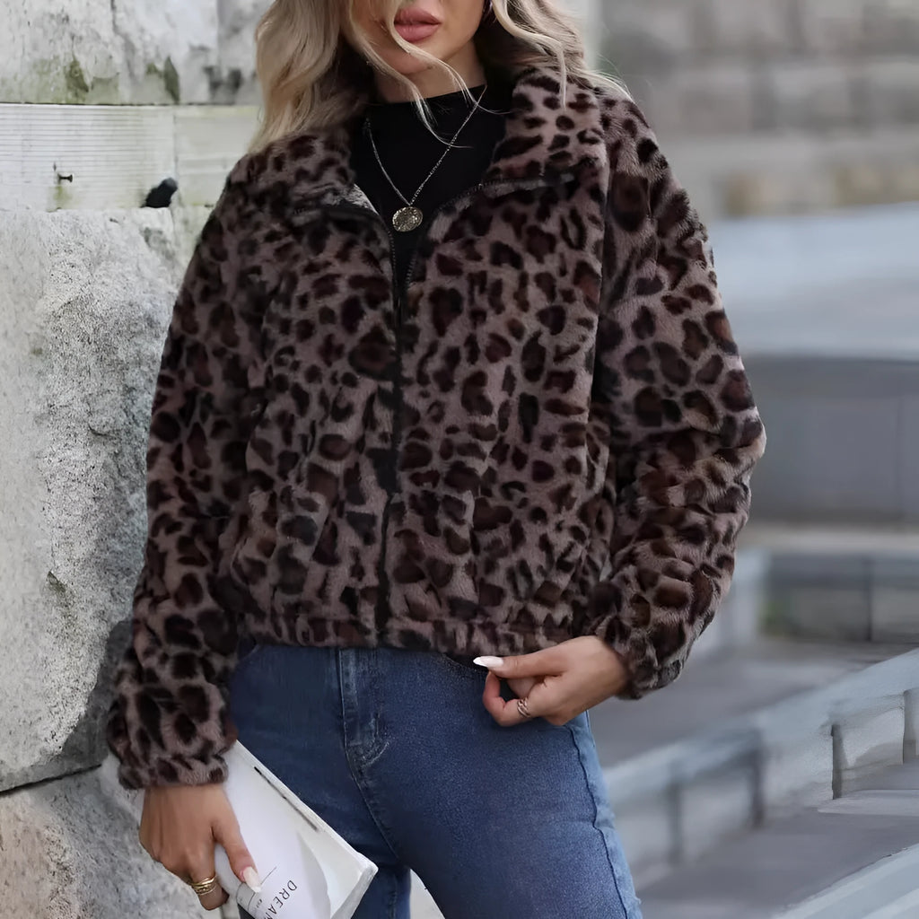 Women's leopard print plush coat with zipper front and loose fit styling