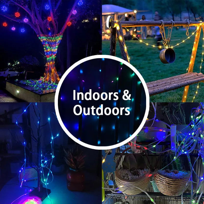 10 metre long multicolour LED party light string with 100 lights coiled on a table next to its control switch.