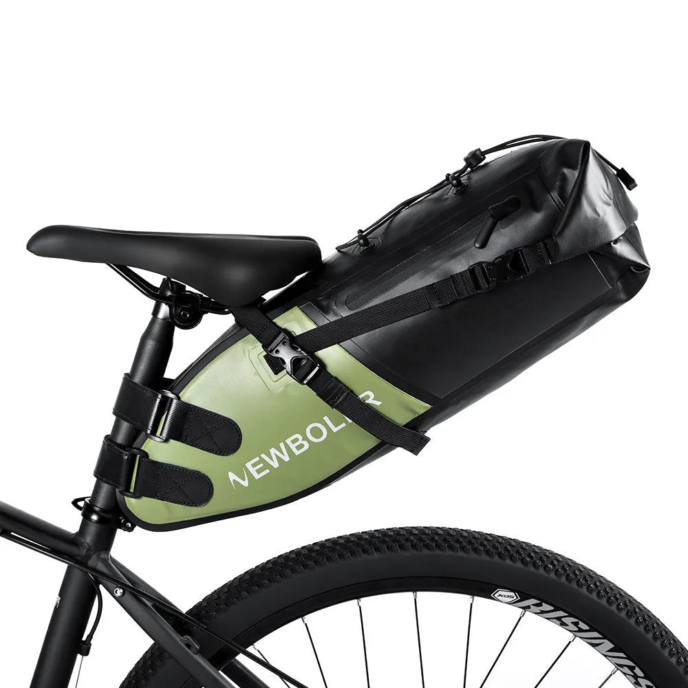 Waterproof PVC bicycle tail bag with 13-litre capacity in black, green, or yellow colour options