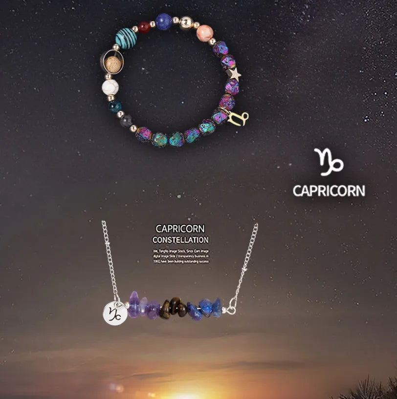 Natural stone necklace and bracelet set on display showing zodiac sign style options