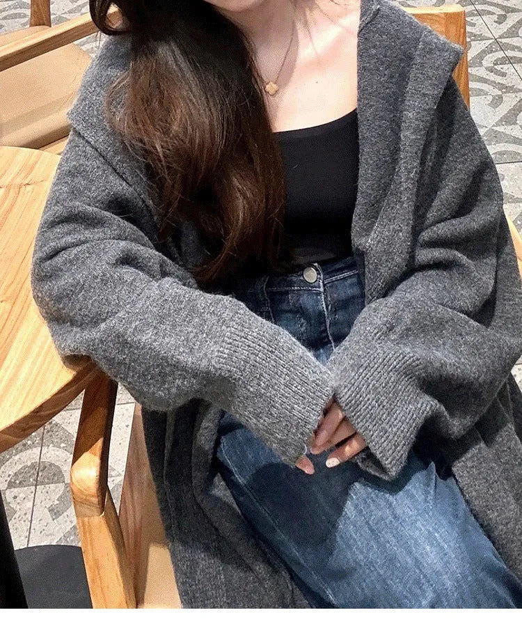 Korean style women's hooded long cardigan in below-the-knee length, loose fit