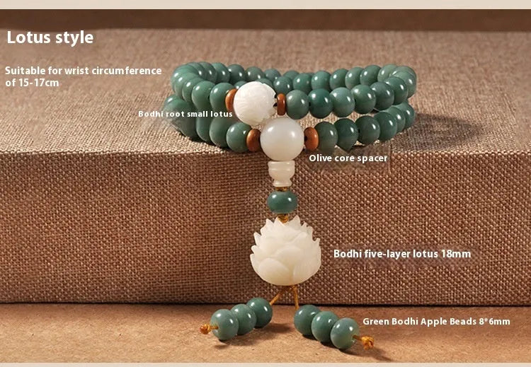 Natural bodhi seed bracelet with double ring safety buckle and lotus bead design
