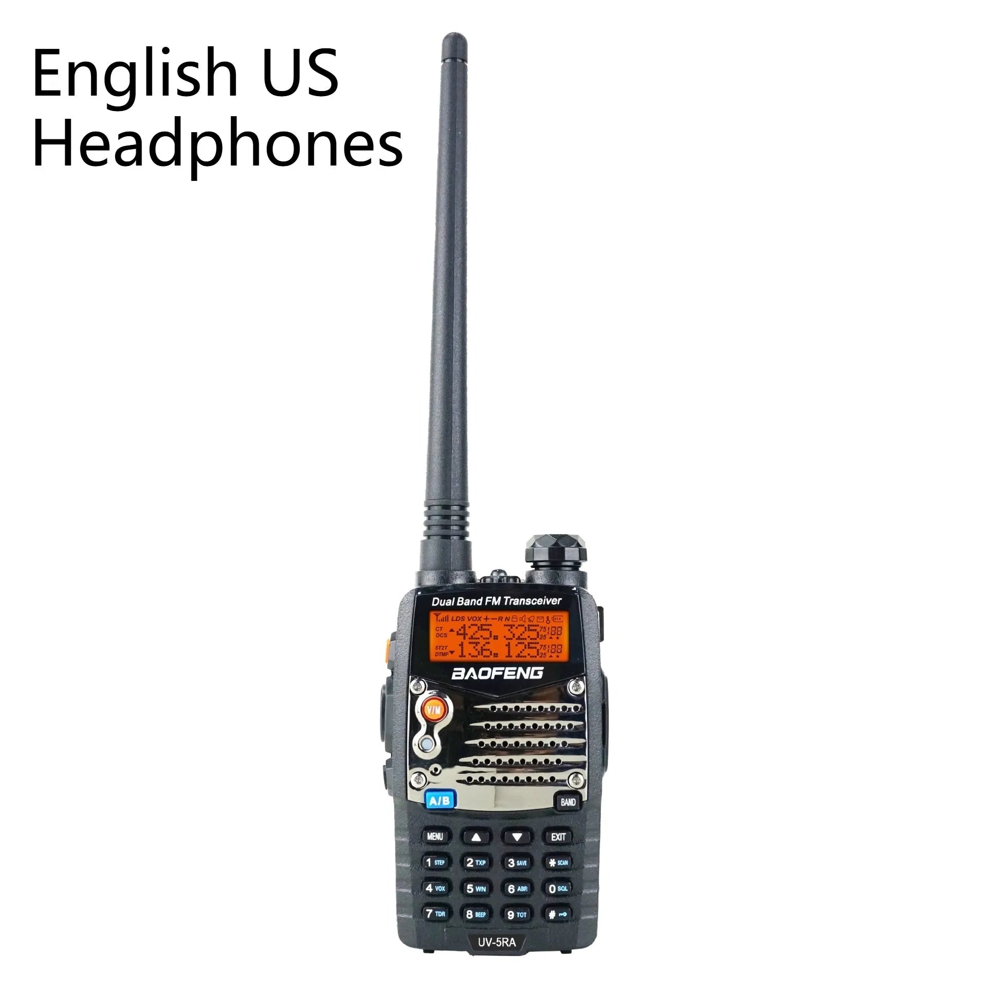 Baofeng UV-5RA dual-band handheld radio with dual display, high-power specification, and multiple headset configuration options