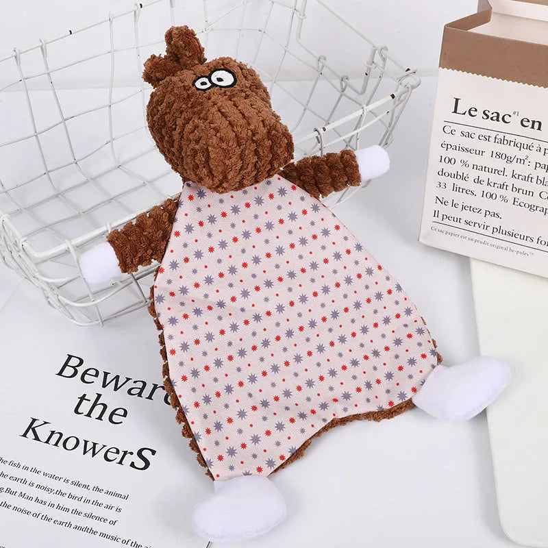 Brown velvet pet toy with fox and elephant designs containing sound paper for dogs and cats