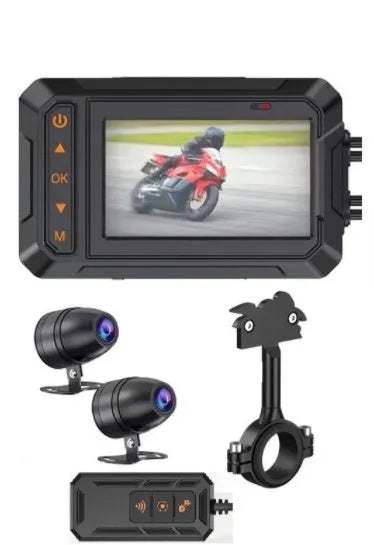 MT65 motorcycle camera with 3-inch display shown mounted on a bike armrest