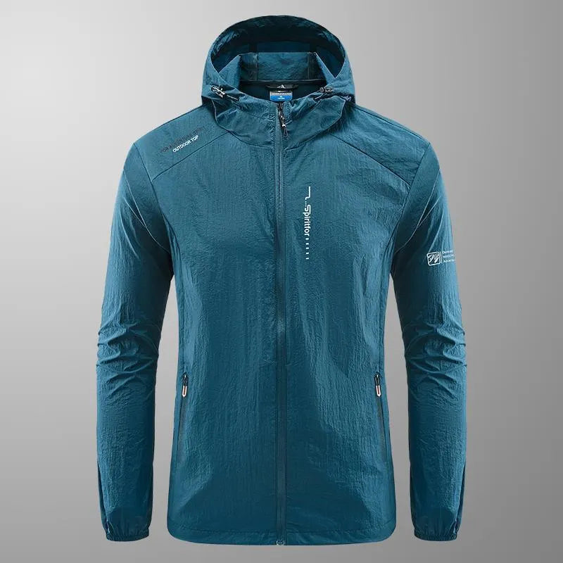 Men's thin summer hooded jacket in nylon fabric showing loose fit and available colour options
