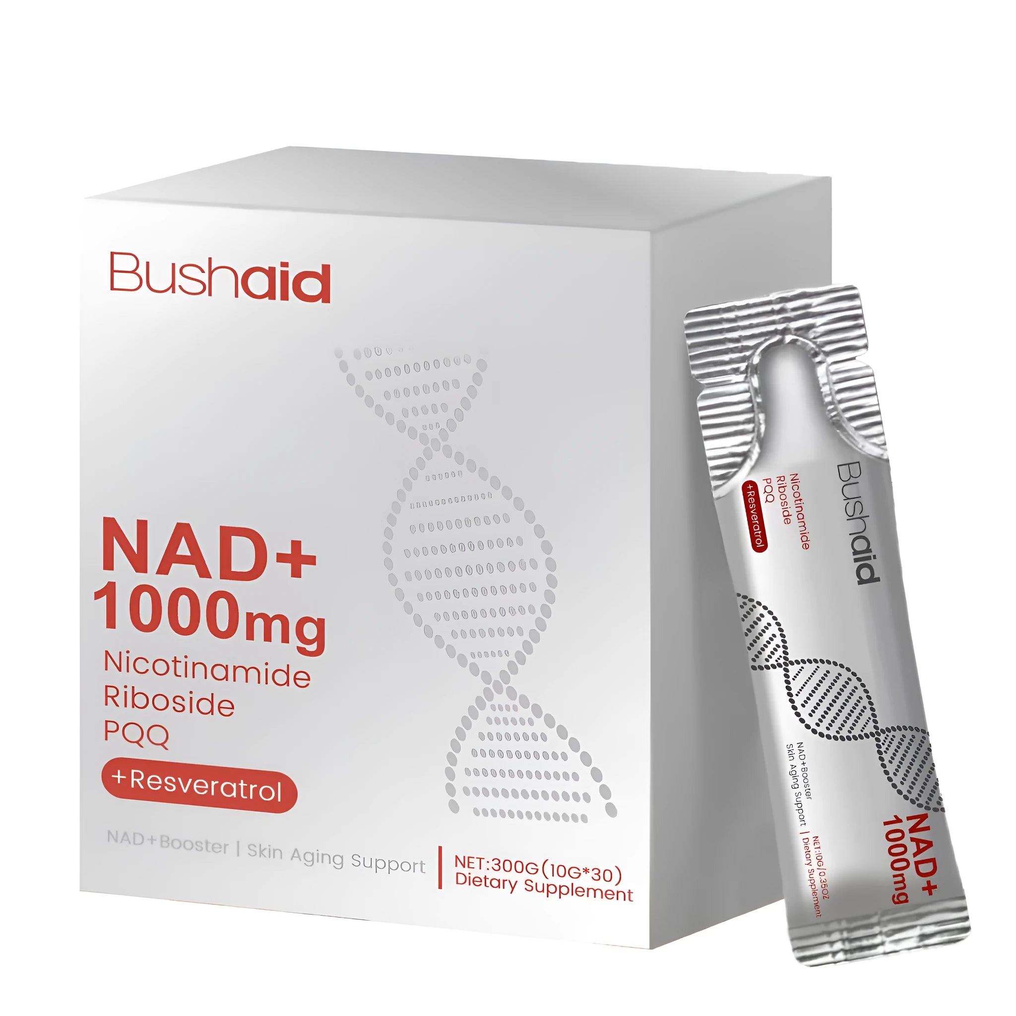 Box of anti-ageing drink powder supplement sachets containing nicotinamide riboside and resveratrol.