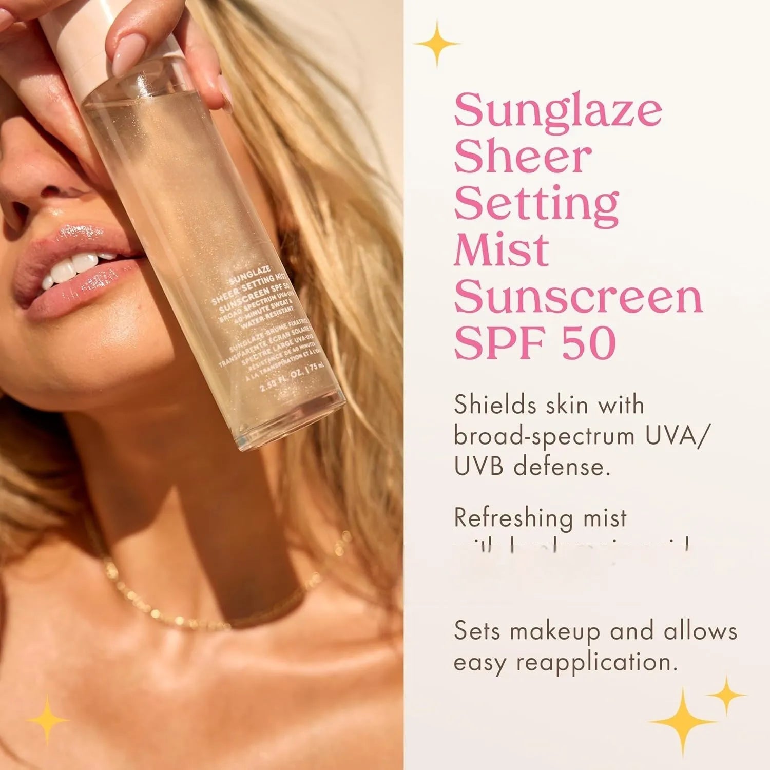 75ml bottle of light texture makeup moisturising and nourishing facial spray on a white background