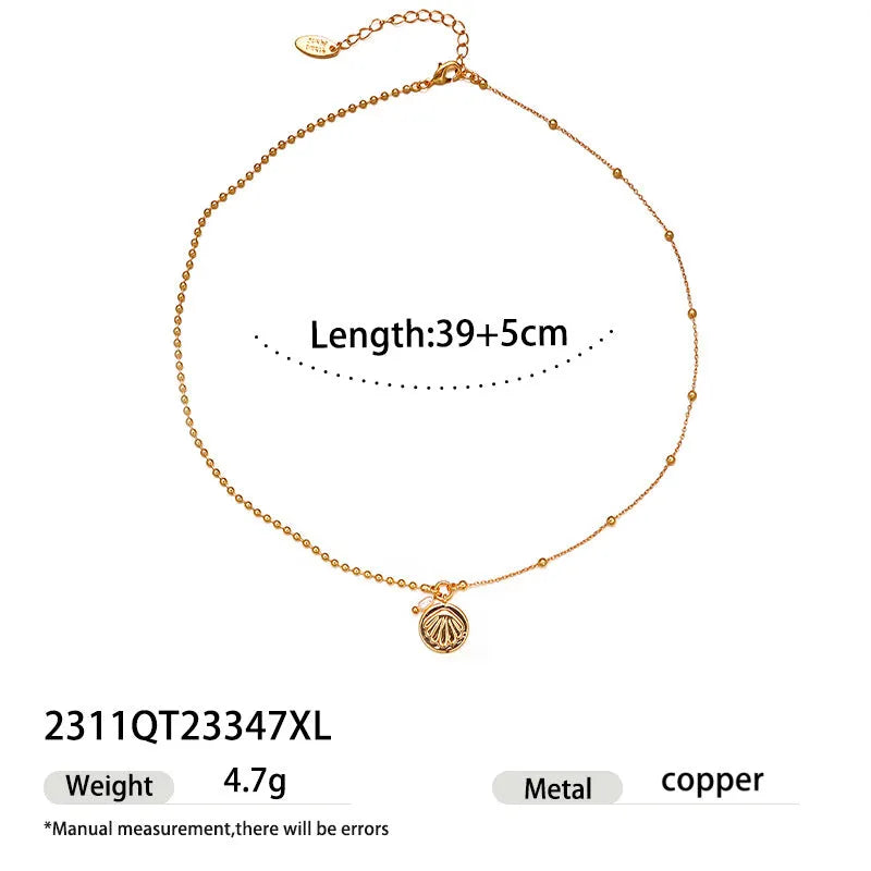 Natural pearl shell pendant necklace with adjustable copper chain on a neutral background