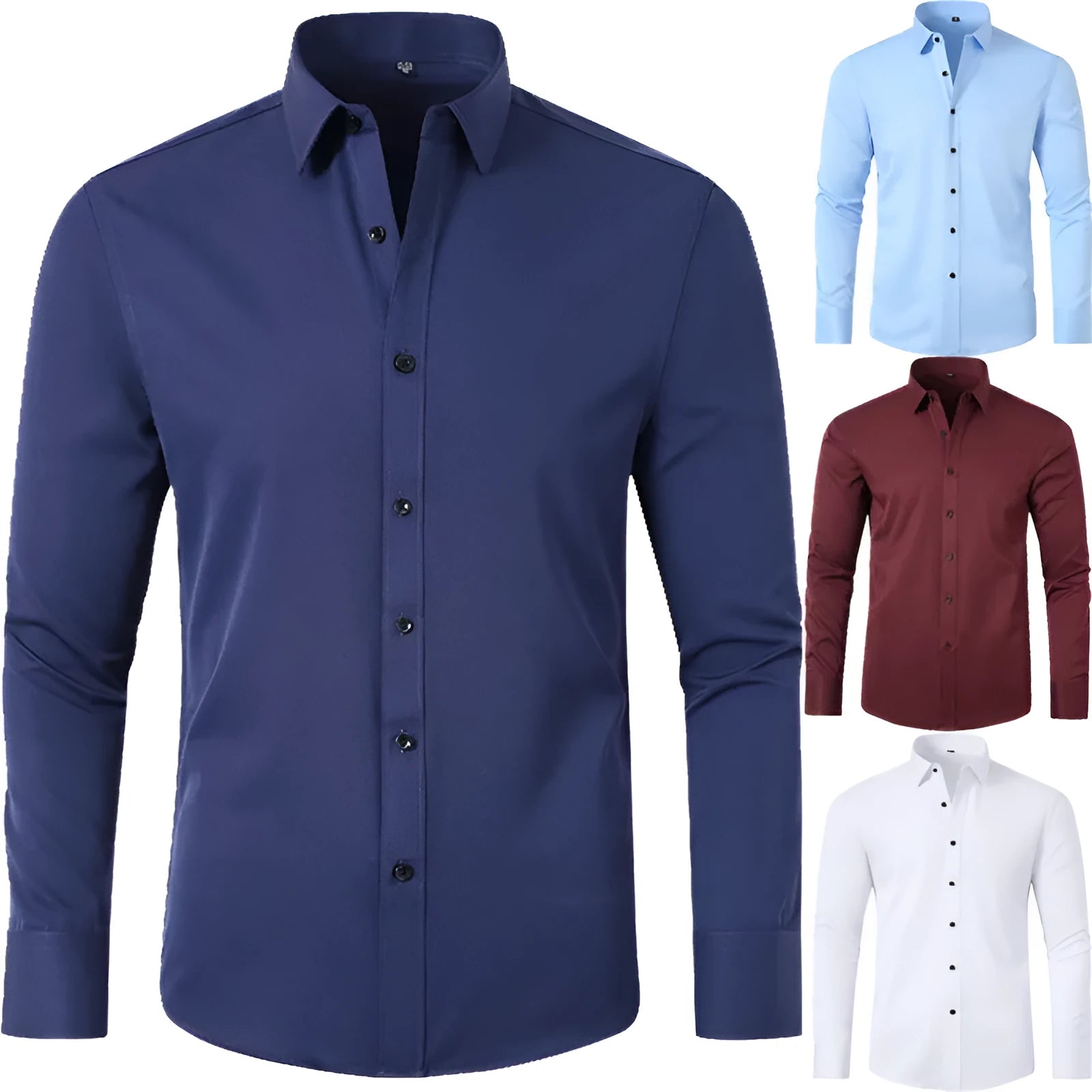 Korean slim-fit solid colour men's shirt in navy blue long sleeve non-iron chemical fibre blend casual shirt