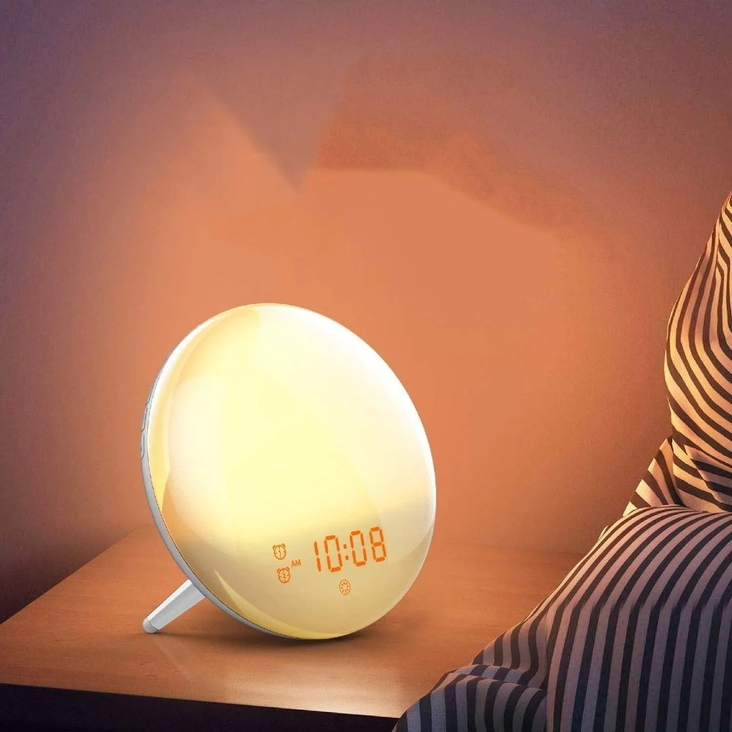 E20 wood grain basic sunrise alarm clock with USB power and night light on a table