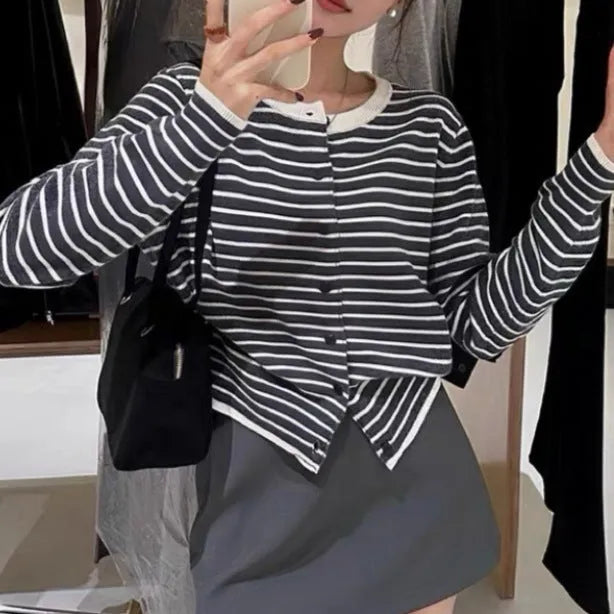French style women's striped cardigan coat in dark grey and white, 40cm length slim fit