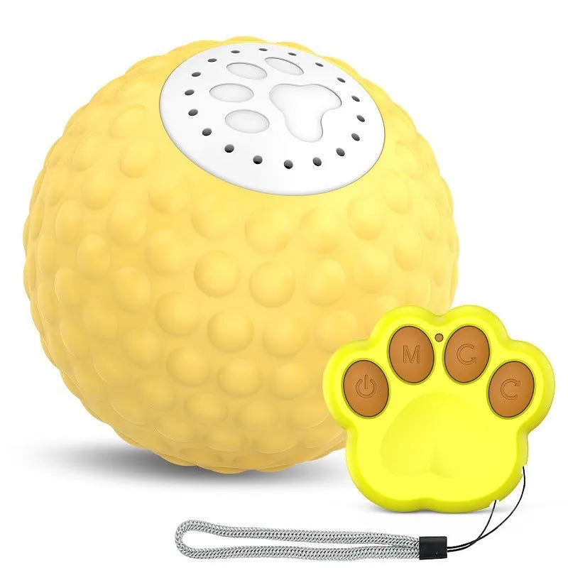 Blue smart interactive cat toy ball with remote control on a wooden floor