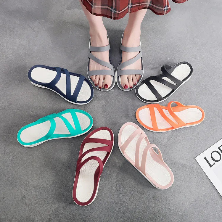Women's summer beach sandals in red, purple, blue, black, grey, or pink with breathable PP upper