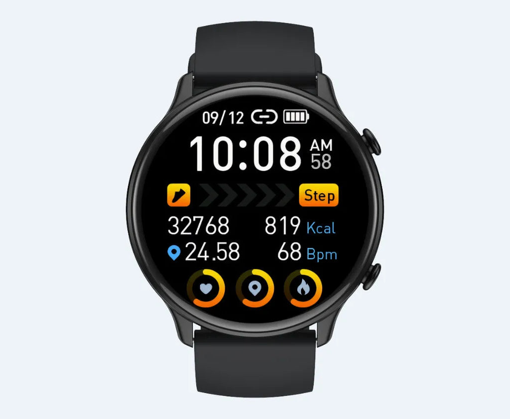 Round touch screen smart sports watch with silicone strap showing heart rate monitoring display