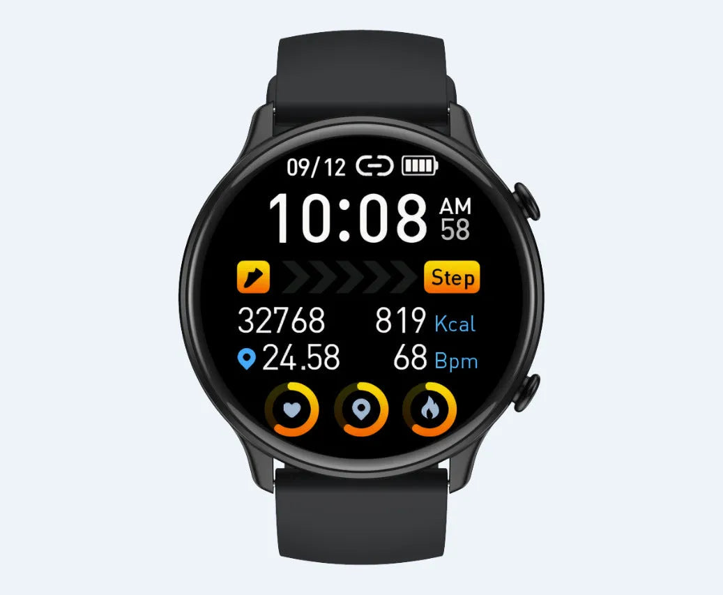 Round touch screen smart sports watch with silicone strap showing heart rate monitoring display