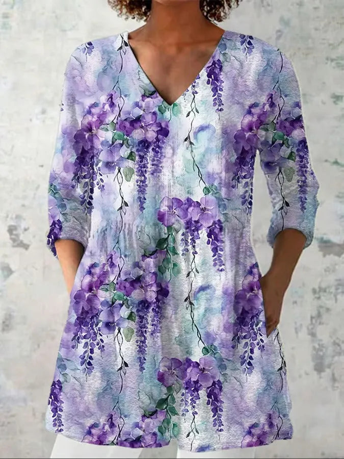 Women's retro slim fit long-sleeved polyester top with digital printing in multiple colour designs
