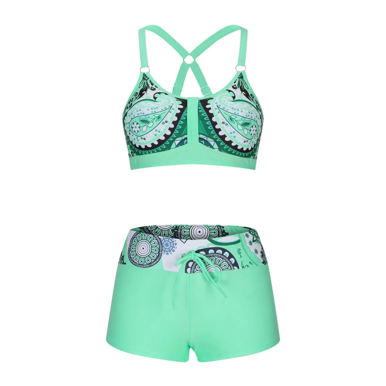 Women's floral print split bikini swimsuit set in polyester fabric