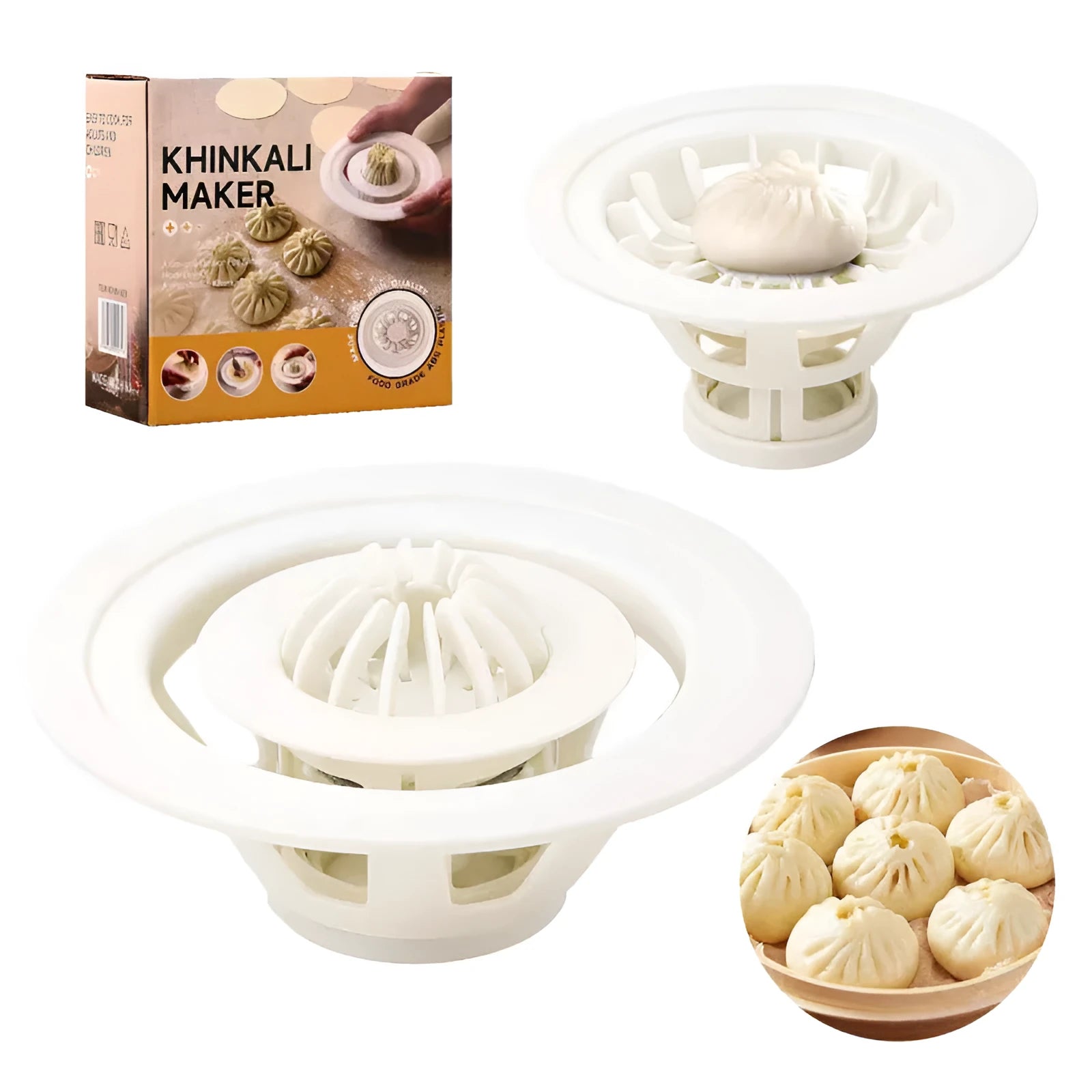 Four black plastic Jinkali steamed bun moulds for shaping baozi.