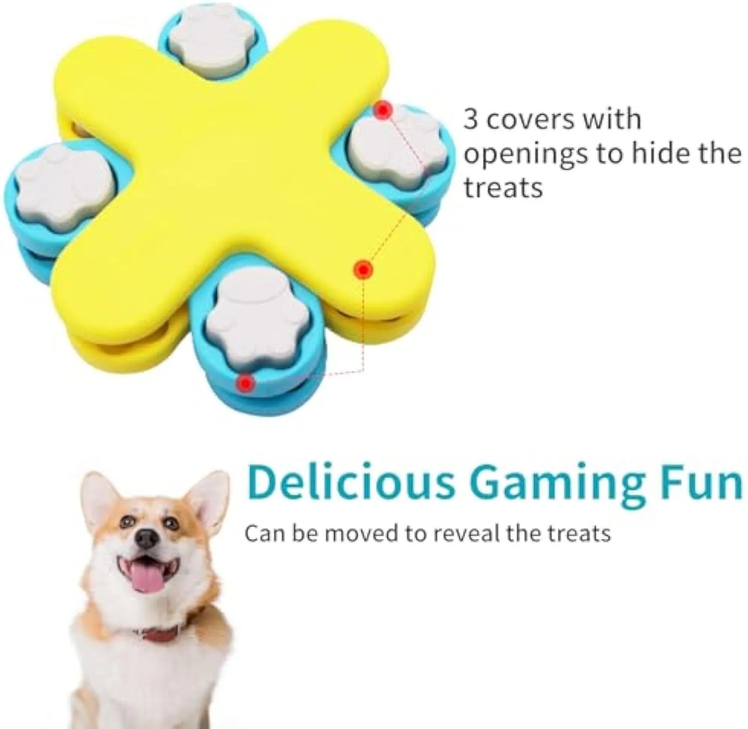 Yellow dog puzzle feeder bowl with three rotating layers and anti-slip rubber base