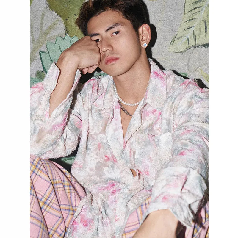 Men's floral long sleeve shirt with embossed three-dimensional pattern in pink colour option