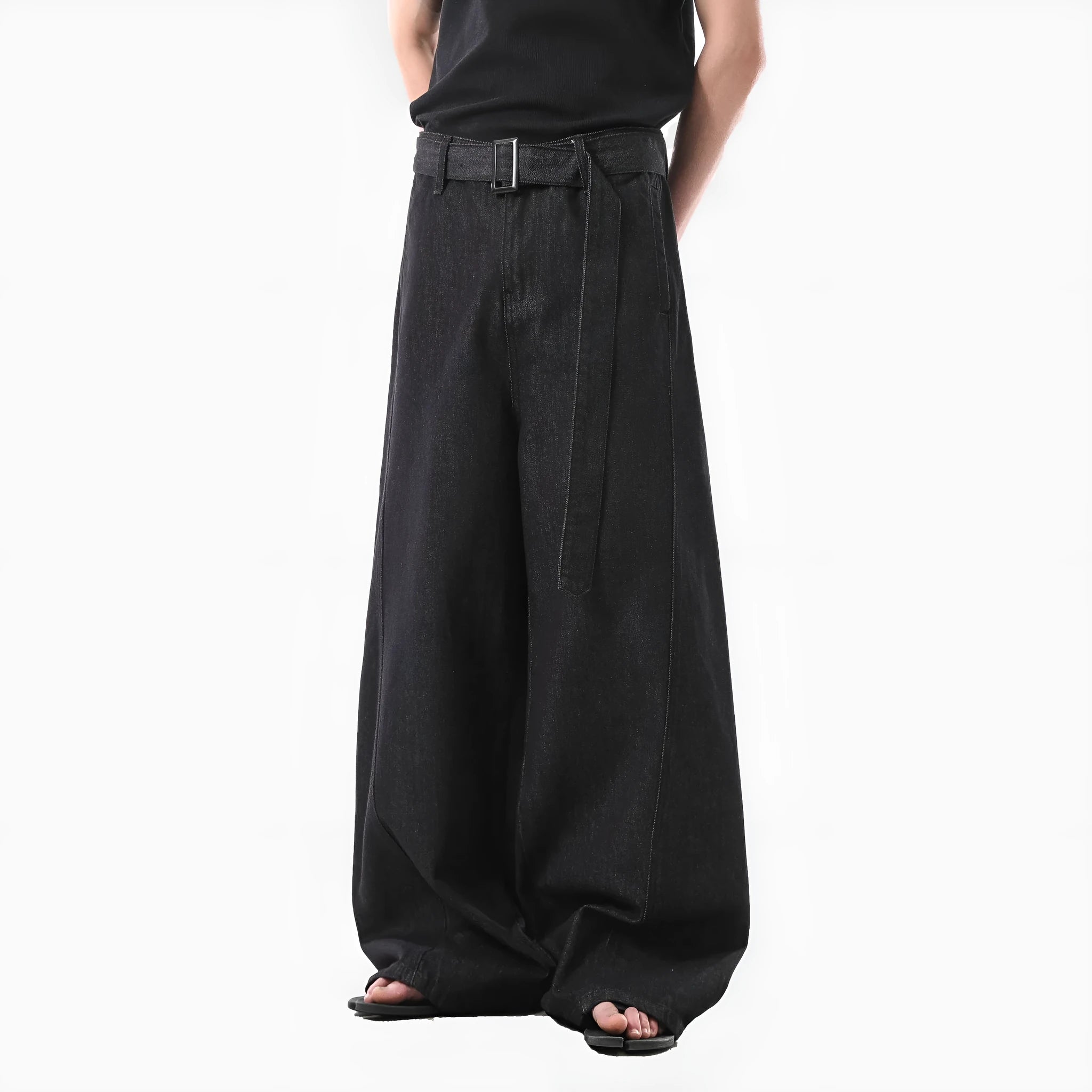 Black straight leg jeans with gold detailing and high waist design