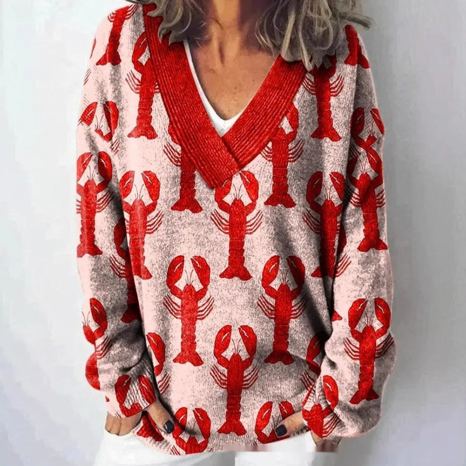 Women's art retro V-neck sweatshirt with a detailed 3D floral pattern print on long sleeves.