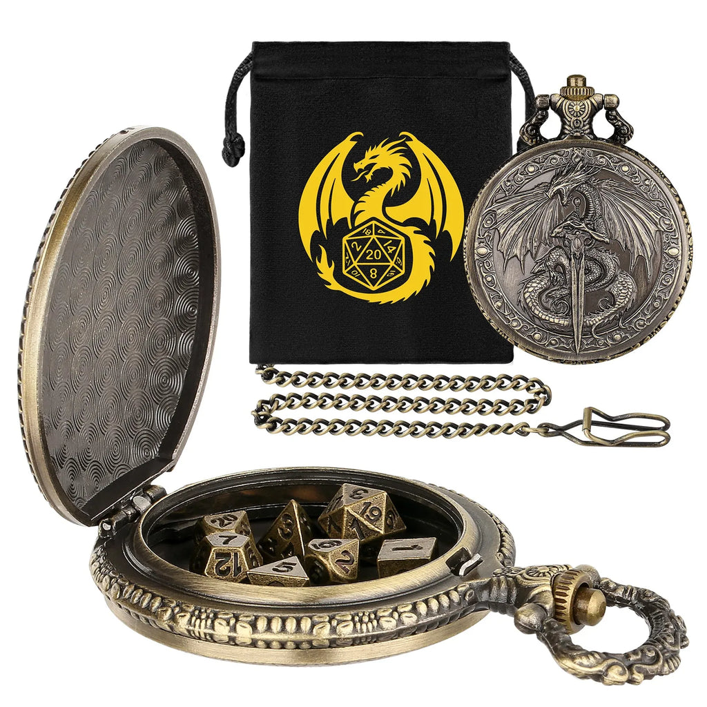 Zinc alloy DND dice storage case with winged beast and sword relief in bronze finish