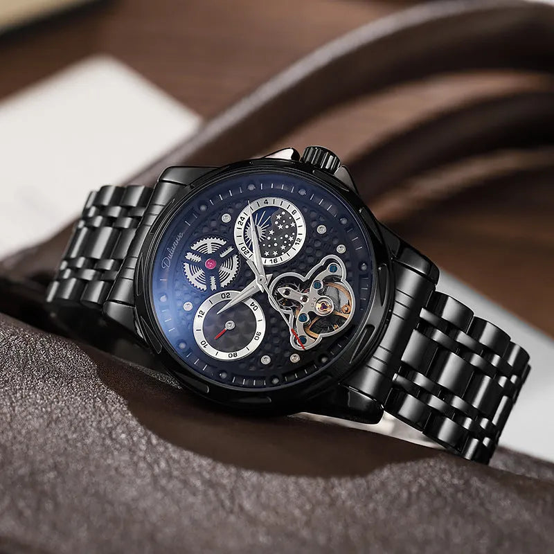 Men's automatic watch with luminous hands on steel bracelet, black dial, waterproof case
