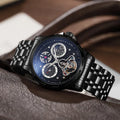 Men's automatic watch with luminous hands on steel bracelet, black dial, waterproof case