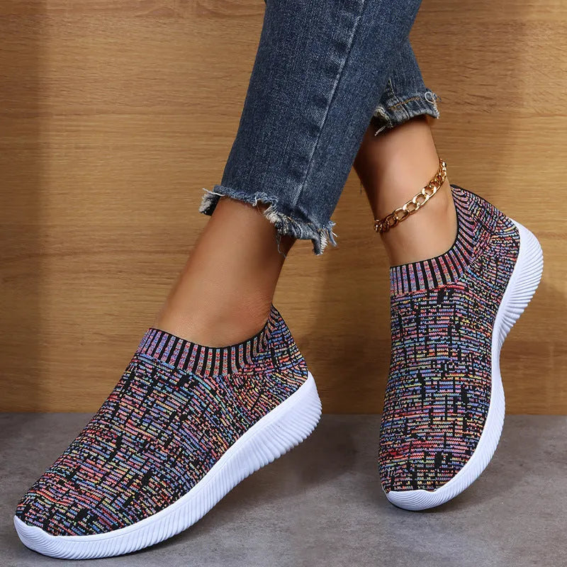 Unisex stripe knit sock shoes flat sneakers in white grey flower colour low top EVA sole