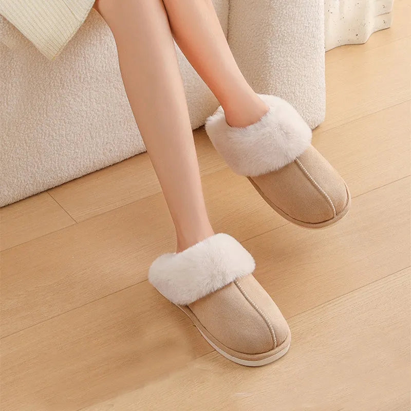 Women's round-toe plush slippers in multiple colours with a non-slip PVC sole.