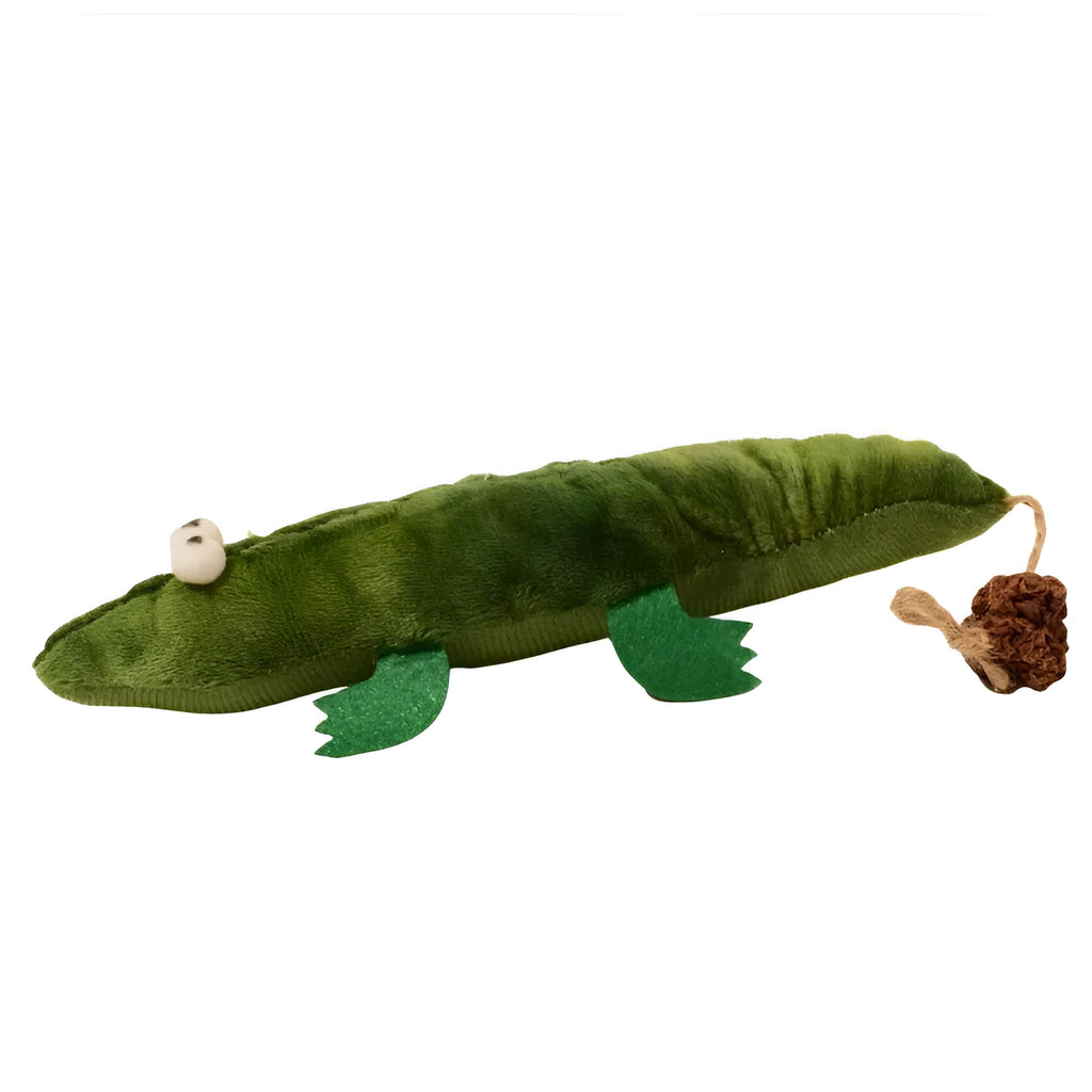 Green plush alligator catnip toy with peppermint scent for feline oral care and play