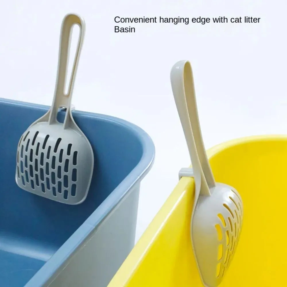 Grey plastic cat litter scoop with attached waste collection base tray