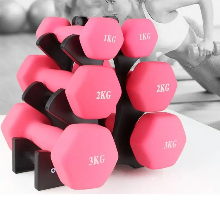 PVC fitness dumbbell rack holder stand for home gym storage with dumbbells placed on it.