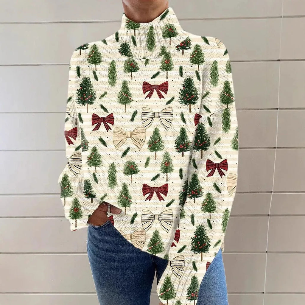 Women's Christmas printed turtleneck sweater in loose fit with festive design