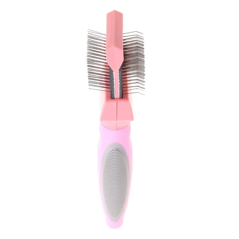 Blue double-sided pet brush with stainless steel pins and ergonomic handle on a white background