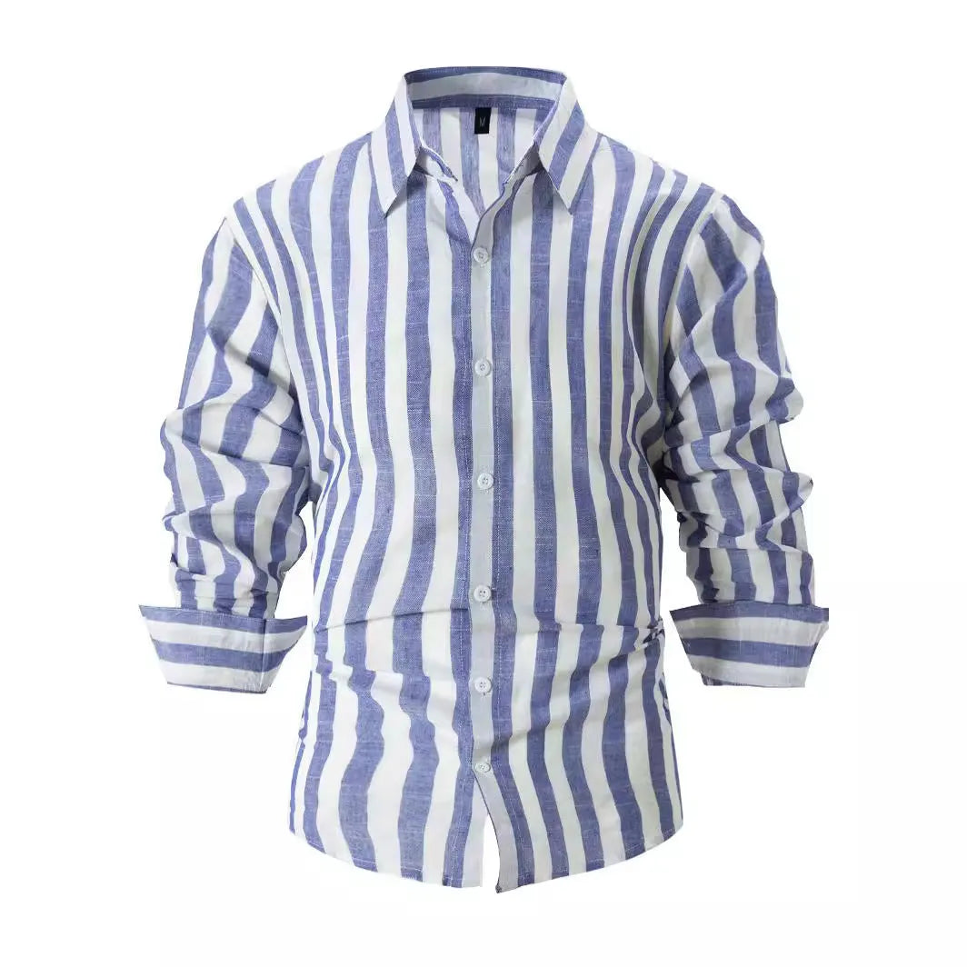 Men's yarn-dyed striped loose long-sleeved shirt in British style polyester fabric