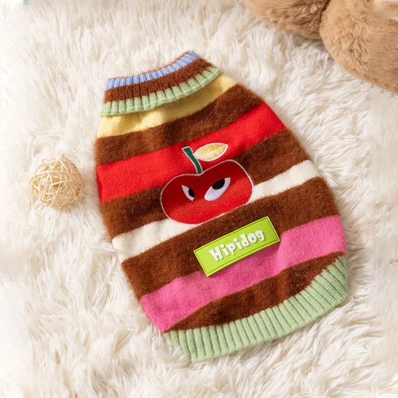 Rainbow apple striped knitted dog pullover sweater for Corgis with apple embroidery, brown and white, autumn winter warm wear.
